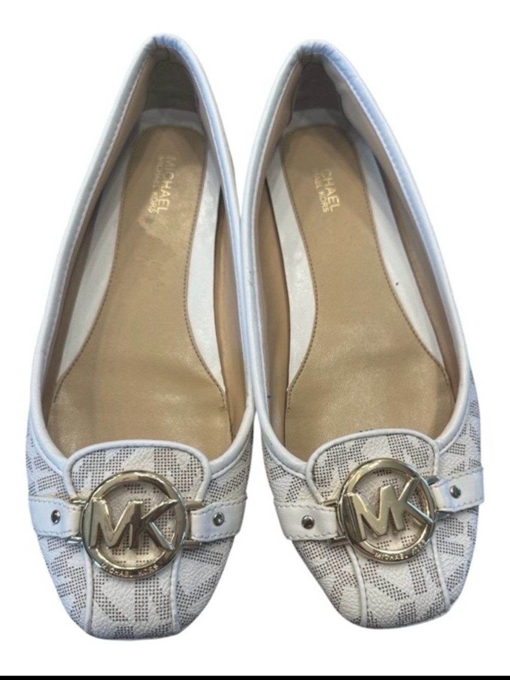 Michael Kors White Quilted Logo Ballet Flats with Gold MK Emblem